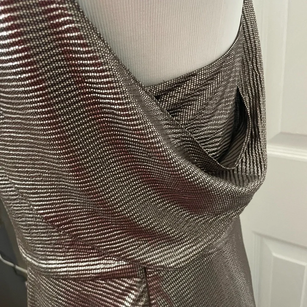 Halston Women’s Hi low Drape Metallic Gunmetal Racer back Midi dress size 8 - Picture 11 of 16